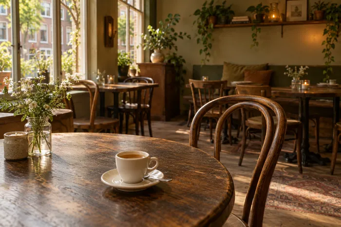 Sfeerbeeld van een rustige koffiebar, gemaakt met AI